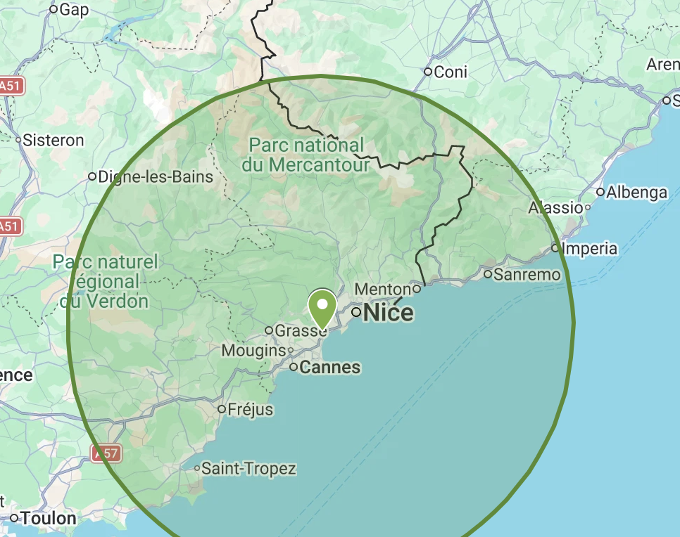 Zone d'intervention ERADIX dans les Alpes-Maritimes et le Var, jusqu'à 80 km autour de Villeneuve-Loubet